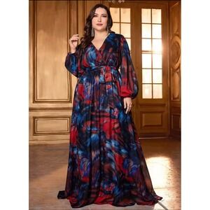 Toleen Womens Multicolor Vacation Maxi Dress Size 4XL Long Sleeve V-neck Chiffon